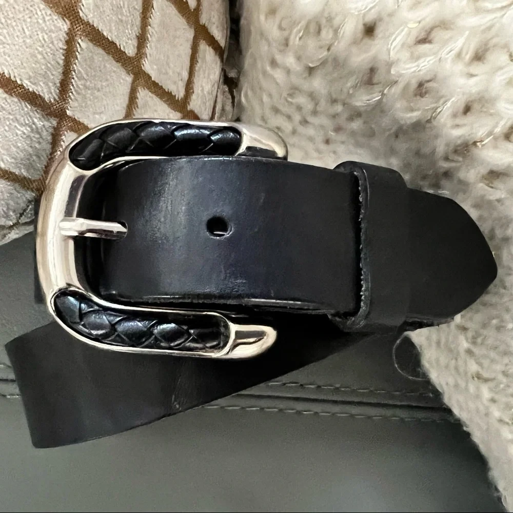 Mens BLACK Braided Leather/Silver Buckle FULL GRAIN COWHIDE Leather BELT S - Picture 4 of 8